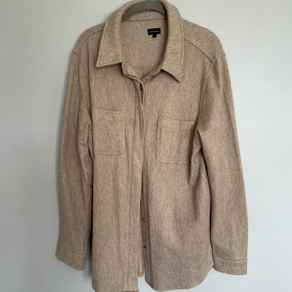 Buckle Black Button-Front Knit Shacket in Beige